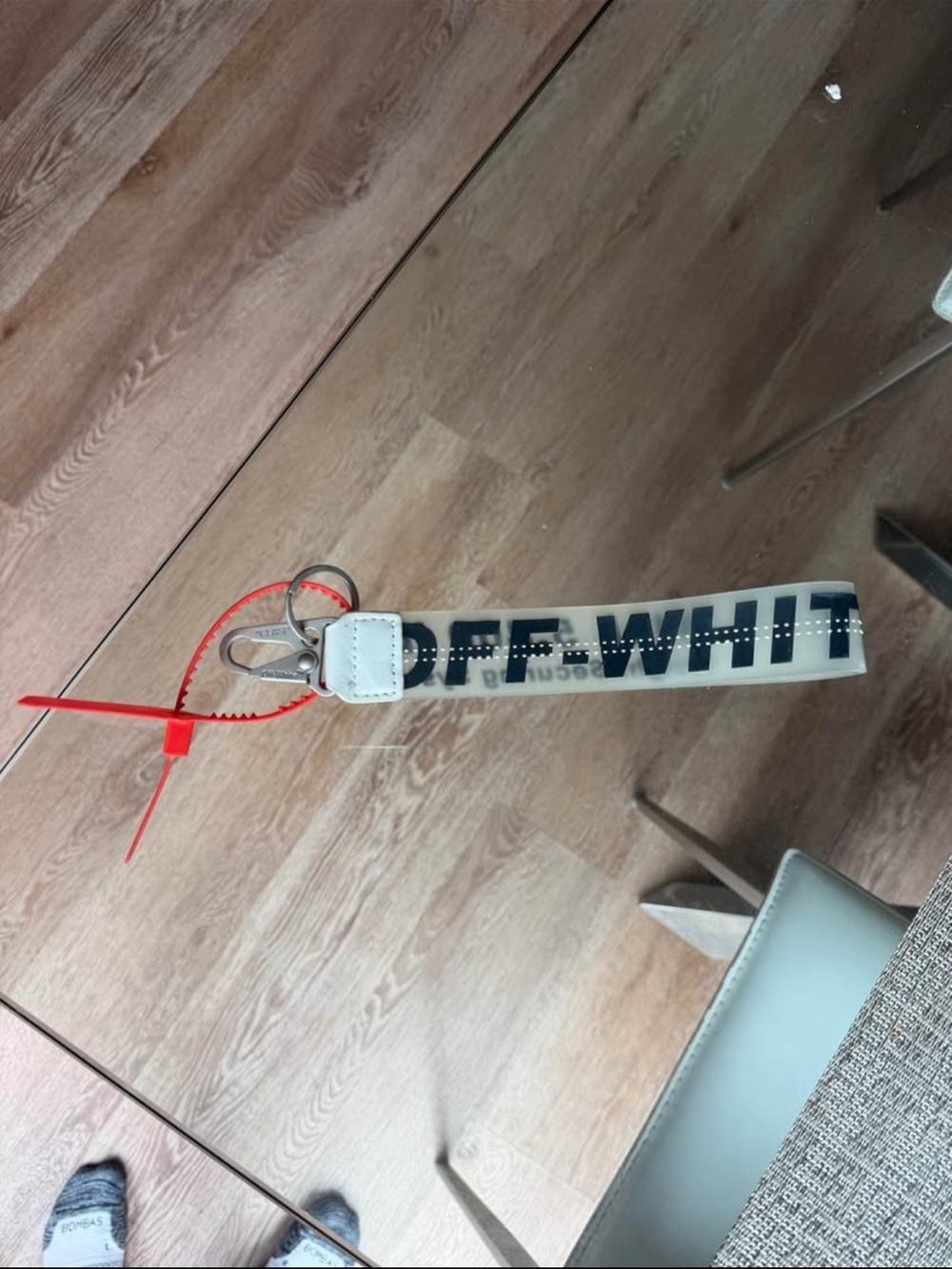 Off-White White and Black Logo Keyring Strap with Red Zip Tie